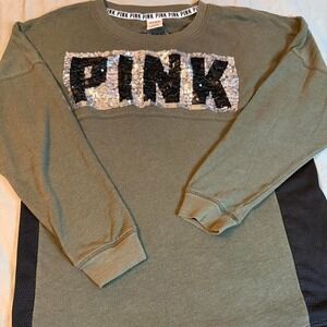 Victoria's‎ Secret PINK Sequin Logo Sweatshirt Khaki Green Medium VS Pullover